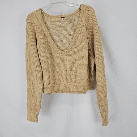 Free People High-low V-neck Sweater In Camel Women's Size Large - Picture 3 of 8